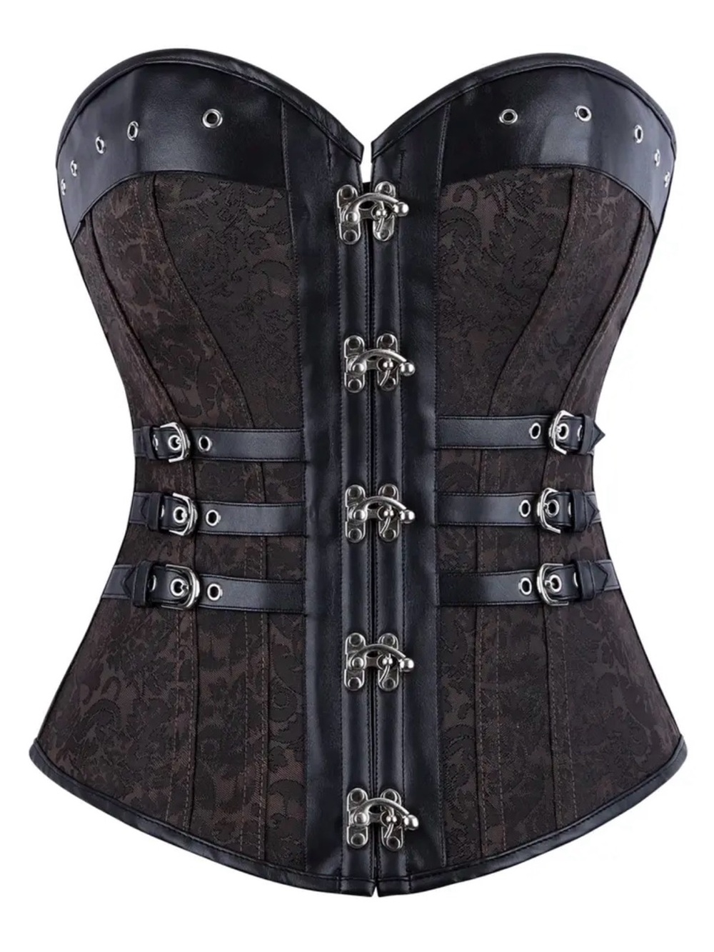 Black Small Brocade Boned Corset with Hook Closures - Picture 1 of 5